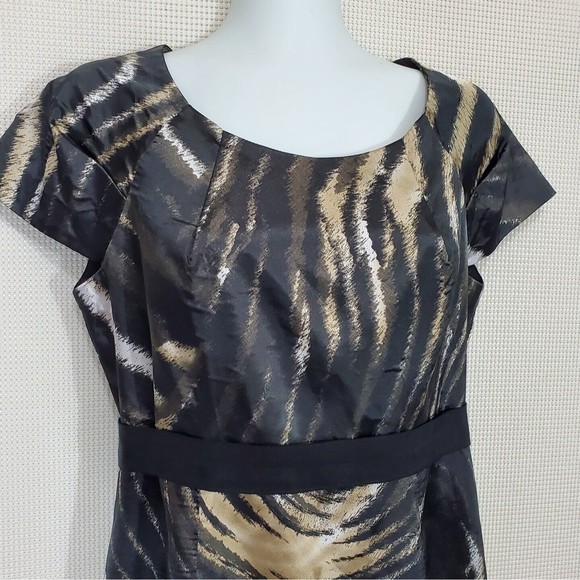 Tahari Dress 8 Black Gold Animal Print Sheath Cocktail Party Cap Sleeve Zip - Picture 4 of 14